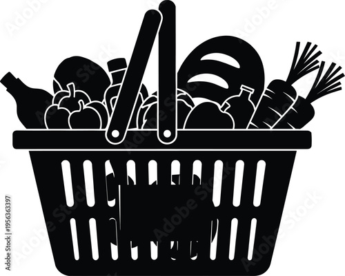 Black grocery shopping basket, supermarket food items, vegetables and bread, retail market concept, grocery shopping icon, food basket silhouette illustration