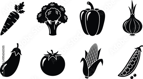 Vegetable silhouettes, carrot broccoli bell pepper onion eggplant tomato corn pea pod, healthy food vector, nutrition clipart, organic design art