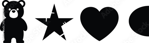 Teddy bear silhouette, star heart semicircle icons, black vector shapes illustration, children learning clipart, educational design art, minimal graphic symbols