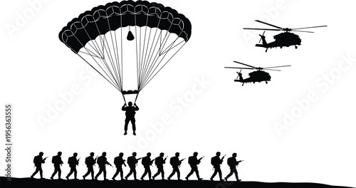 Military parachutist descending with soldiers marching and helicopters flying parachute