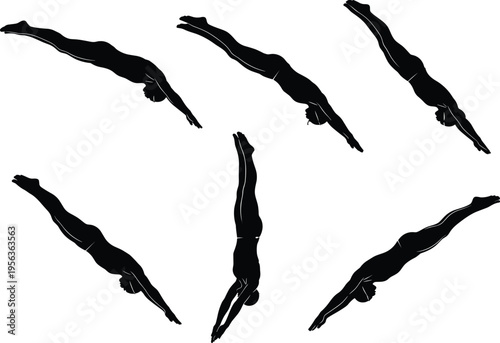 Diving silhouettes, swimmer motion sequence, aquatic sport performance, water athlete poses, dynamic dive illustration, fitness lifestyle, underwater movement