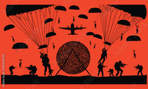 Military parachutists jumping from plane with peace sign parachute soldiers aircraft