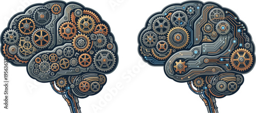 A conceptual illustration showing two brains constructed from mechanical gears and digital circuits