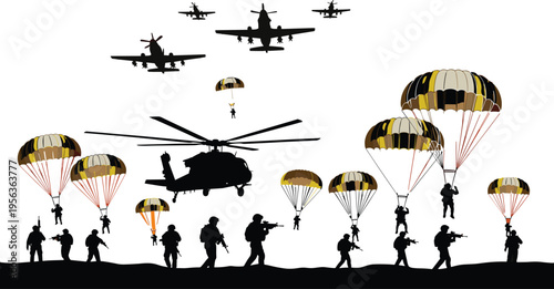 Military parachutists jumping from helicopter and planes parachutes soldiers airplanes