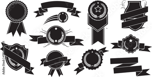 black silhouette premium ribbon badge set vector illustration