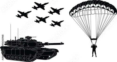 Military vehicle and aircraft silhouettes with parachutist tank fighter jets parachute