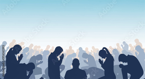 People in a crowd praying or meditating in various poses with hands clasped or on faces in a serene blue and white background