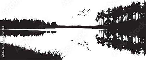 black silhouette peaceful lake with trees and flying birds, vector illustration