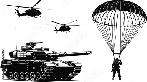 Military vehicles and soldier with parachute in black silhouette on white background tank helicopters