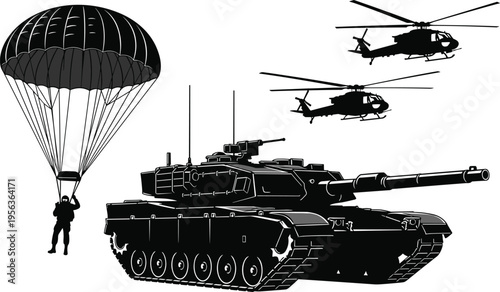 Military vehicles and parachutist in black silhouette on white background tank helicopter parachute