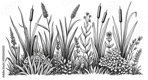 Charcoal Grass Doodle Silhouette Botanical Wildflower Meadow Plants Reeds Bushes PNG Transparent Illustration Pack