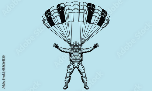 Parachuter in black and white with open arms and a parachute against a light blue background skydiver