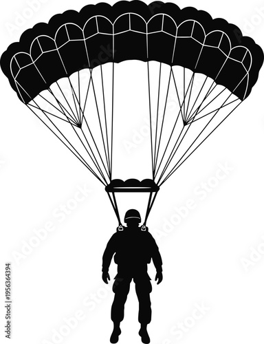 Parachuter silhouette with open parachute against white background black 1