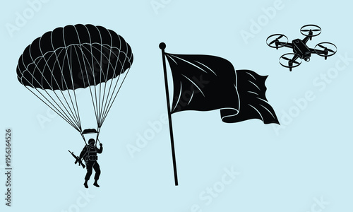 Parachuter with parachute flag and drone in light blue background