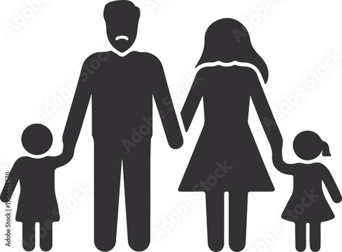 Family Silhouette Icon Vector Illustration with Parents and Children. Simple Black Family Symbol Isolated on White Background for Social, Healthcare and Community Design