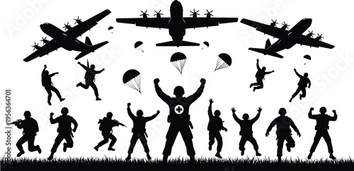 Silhouette of people parachuting from planes over grassy field parachutes silhouettes