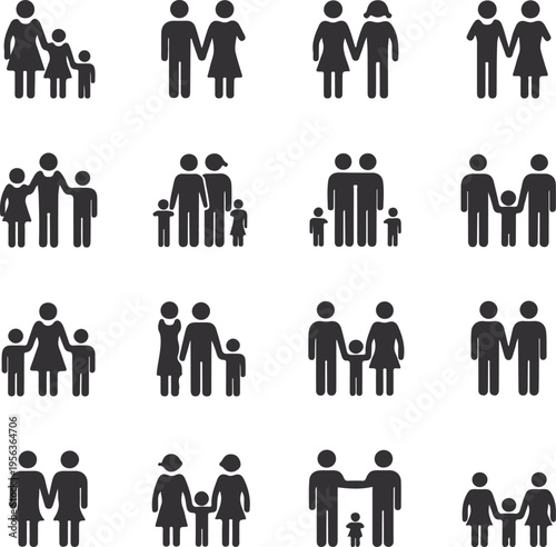 Family Silhouette Icon Vector Illustration with Parents and Children. Simple Black Family Symbol Isolated on White Background for Social, Healthcare and Community Design