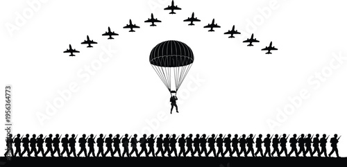 Silhouette of a parachutist descending with a fleet of airplanes flying overhead and a line of marching people below