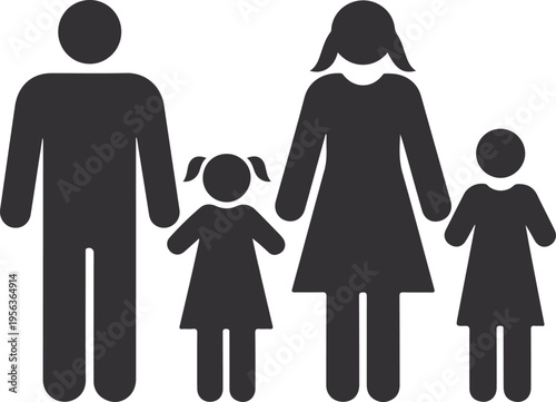 Family Silhouette Icon Vector Illustration with Parents and Children. Simple Black Family Symbol Isolated on White Background for Social, Healthcare and Community Design