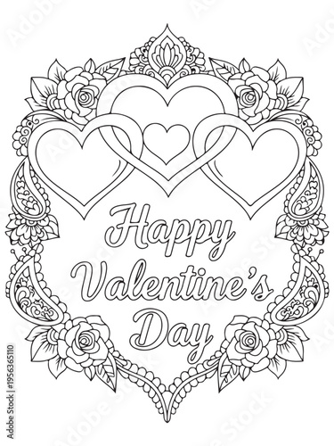 Valentine s day greetings pattern in mehndi coloring page