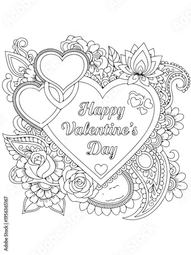 Valentine s day greetings pattern in mehndi coloring page