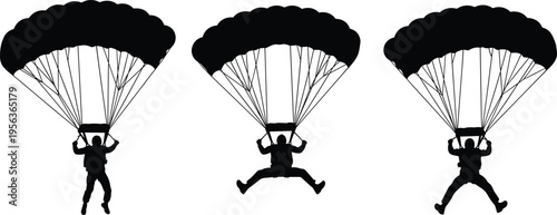 Three black silhouettes of parachuters in different positions skydiving white background
