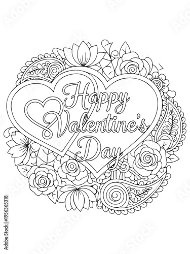 Valentine s day greetings pattern in mehndi coloring page