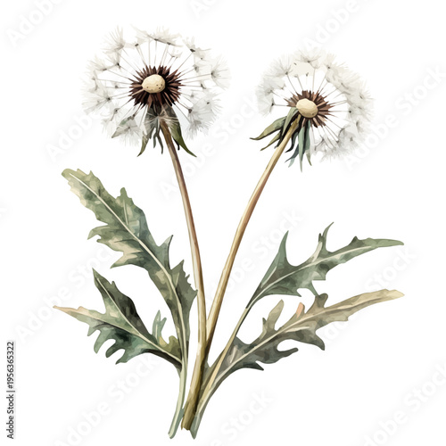 Dandelion Branch, watercolor vector portraying a joyful pose with colorful highlights, isolated on a white background.