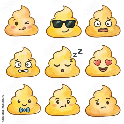 Set of cute and funny cartoon poop characters with playful faces in a colorful vector illustration collection