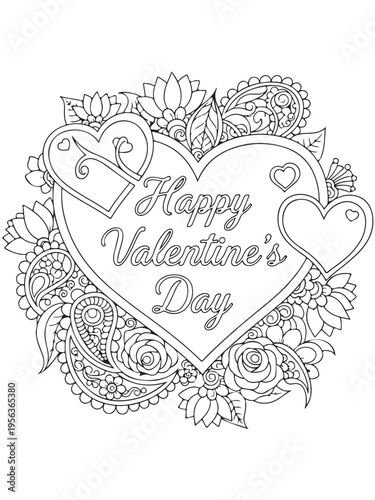 Valentine s day greetings pattern in mehndi coloring page