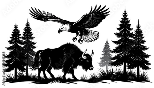 Wallpaper Mural Majestic Eagle Soaring Above Bison in Wilderness Landscape. Torontodigital.ca