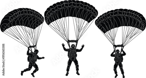 Three parachuters in black silhouette descending with open parachutes skydivers