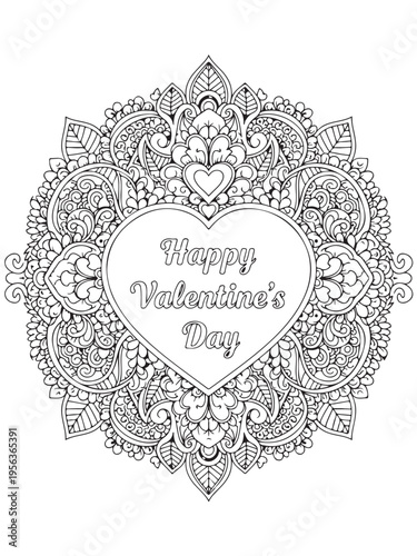 Valentine s day greetings pattern in mehndi coloring page