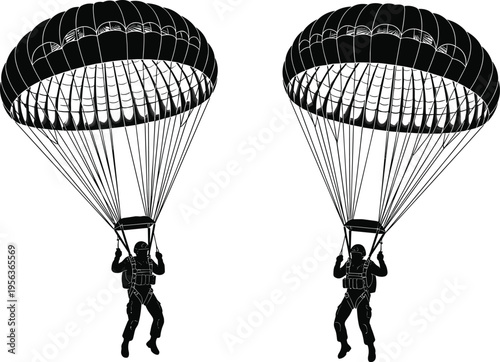 Two parachuters in black silhouette with open parachutes silhouettes white background 1