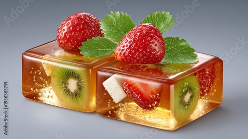 Two Cubes Of Clear Jelly Filled With Strawberries And Kiwi Slices And Mint Leaves With Edible Glitter