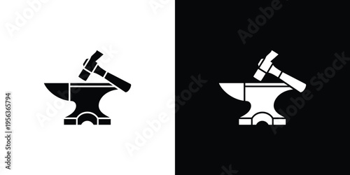 Black and white anvil with hammer on contrasting backgrounds