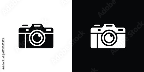 Black and white camera on split color background symbol