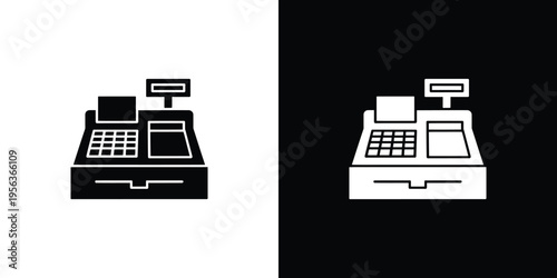 Black and white cash registers on contrasting backgrounds