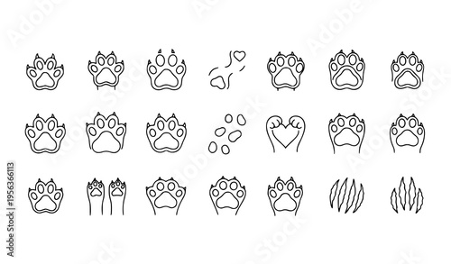 Minimal cat paw outline icon set with cute kitten paw prints collection in modern thin line style vector