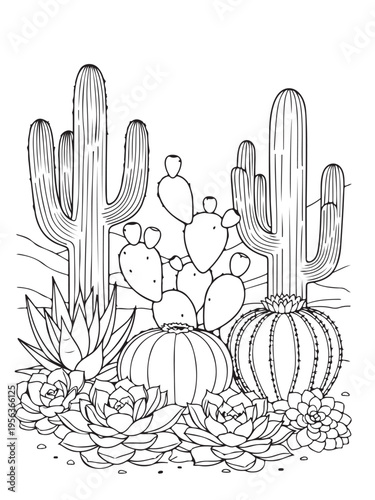 Various cacti succulents coloring page for kids