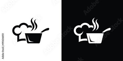 Black and white chef hat and pot on white and black backgrounds