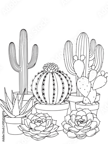 Various cacti succulents coloring page for kids