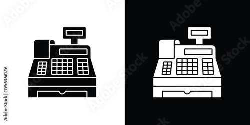 Black and white cash registers on split color background