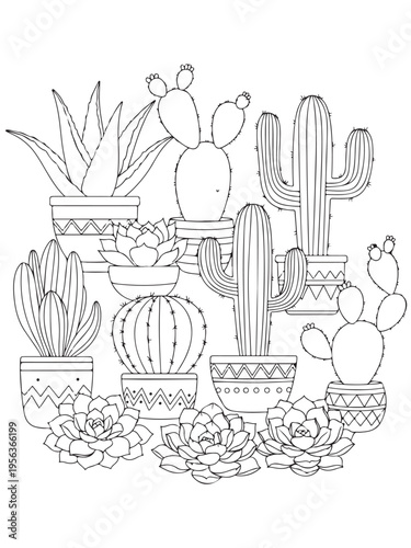 Various cacti succulents coloring page for kids