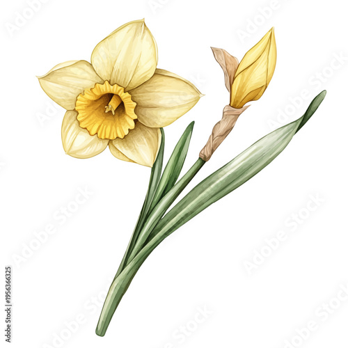 Daffodil Branch, watercolor painting capturing graceful lines and soft blended shades, isolated on a white background.