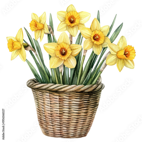 Daffodil Bouquet In A Basket, watercolor clipart showcasing whimsical details and harmonious color flow, isolated on a white background.