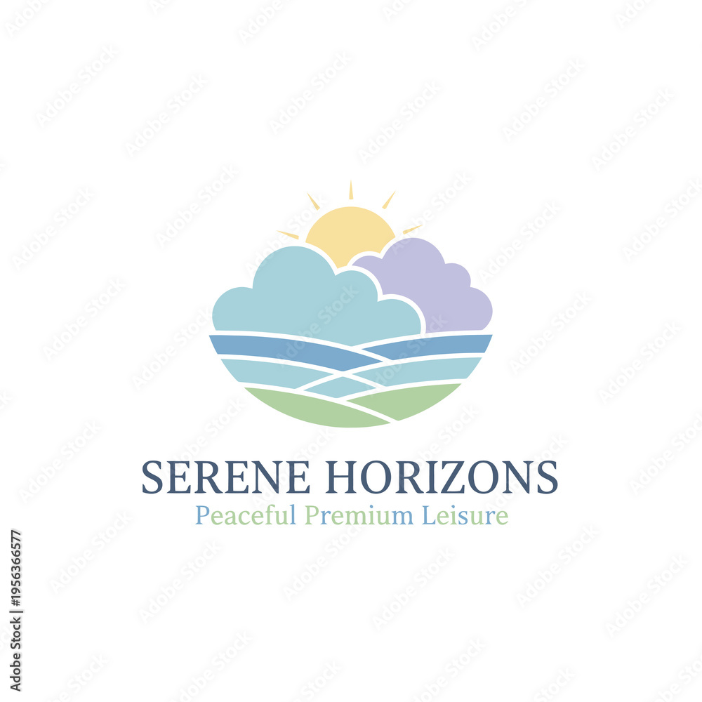 Fototapeta premium Peaceful Landscape Logo with Sun, Clouds, and Waves