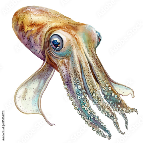 Cuttlefish, watercolor vector portraying a joyful pose with colorful highlights, isolated on a white background.