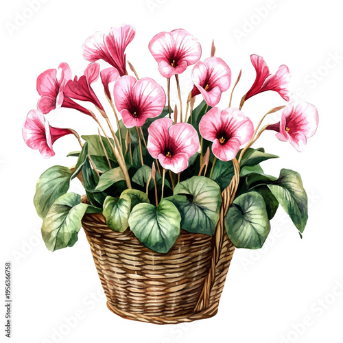 Cyclamen Bouquet In A Basket, watercolor painting capturing graceful lines and soft blended shades, isolated on a white background.
