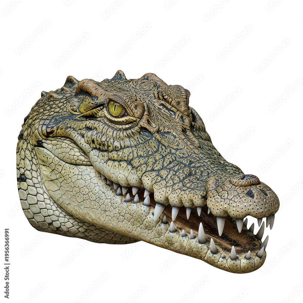 Fototapeta premium A detailed illustration of an ancient crocodile head with textured skin isolated on transparent background